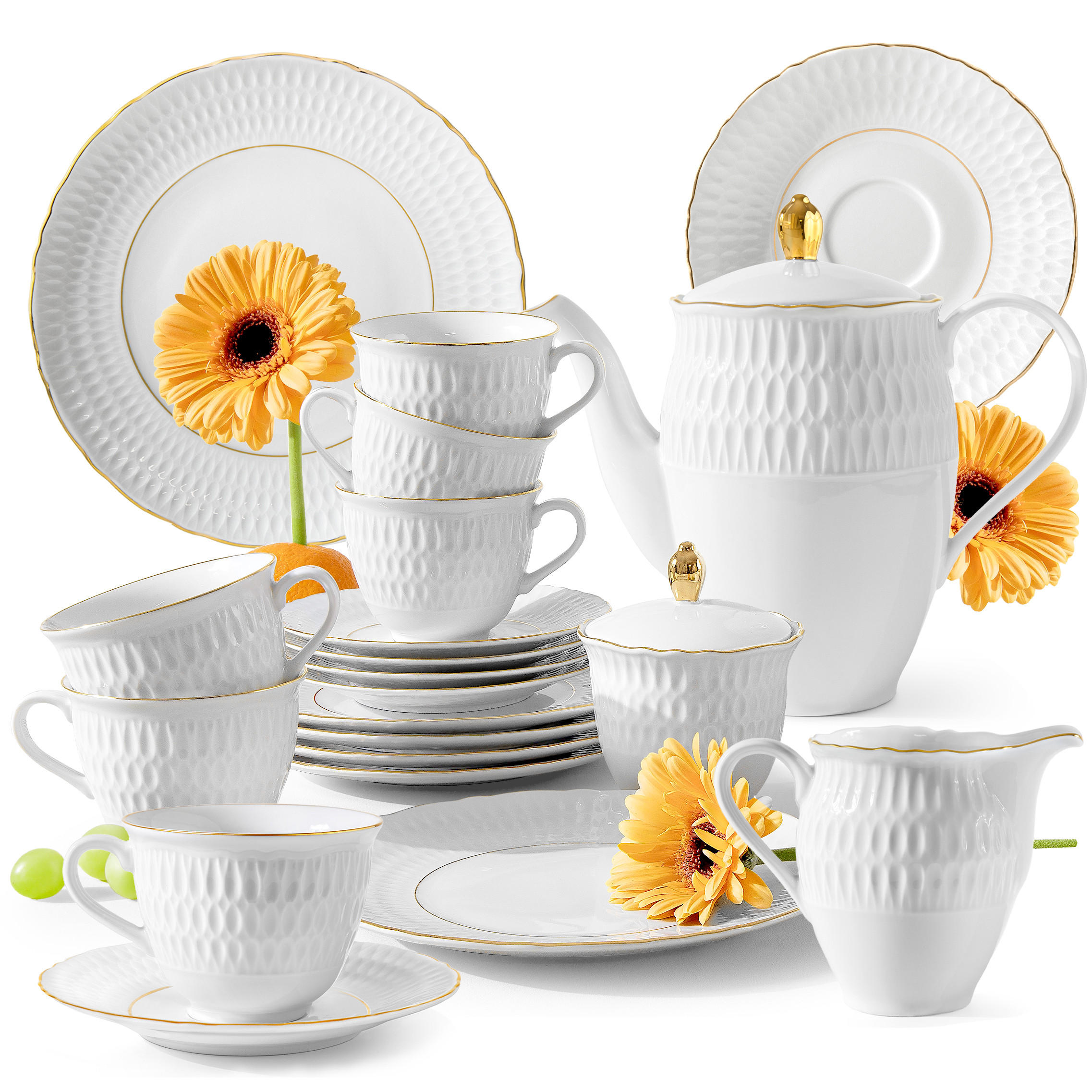 KAFFEESERVICE 6 Personen CMIELOW SOFIA GOLDRAND 21-tlg aus Porzellan - Weiß, Keramik (21/22/21cm) - KONSIMO®