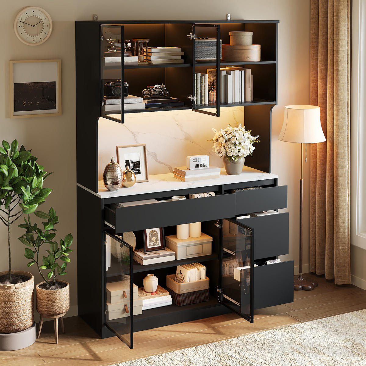 BUFFET DE-37518 120/40/180 cm mit LED-Beleuchtung Schwarz - Schwarz, Holzwerkstoff (120/180/40cm) - ComfortXL