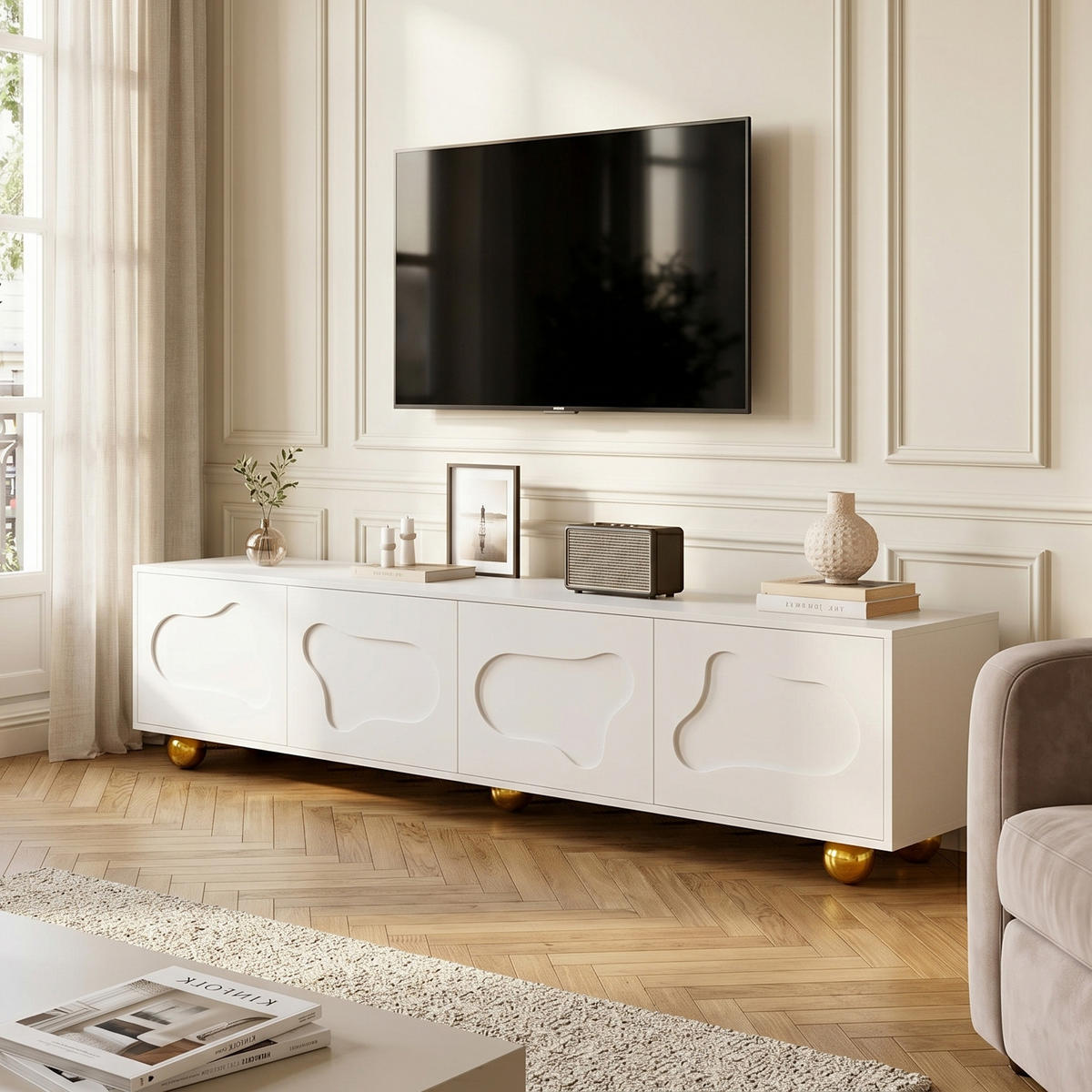 TV-LOWBOARD Lowboard Weiß Wolkenform 4 Türen für 75-Zoll TV 180cm - Weiß, Holzwerkstoff (180/45/40cm) - Urban Meuble