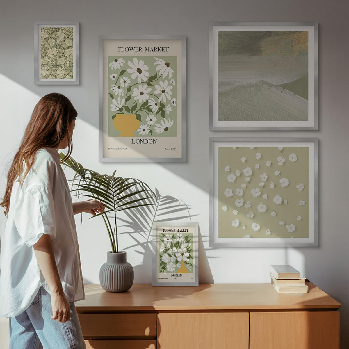 BILDER SET 5er Set - 50x50 cm & 20x30 cm & 40x60 cm Silberner Rahmen - Florale Abstraktionen im Boho-Stil - Silberfarben, Kunststoff (40/60cm) - TULUP