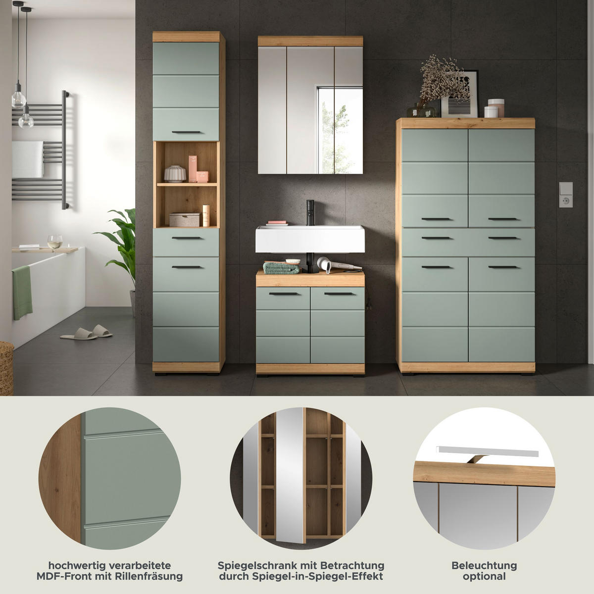BADKOMBINATION 4tlg. Scout Bad in Artisan Eiche Nachbildung und Salbei Nachbildung B/H/T: 186x191x34 cm - Eiche Artisan, Holz (186/191/34cm)