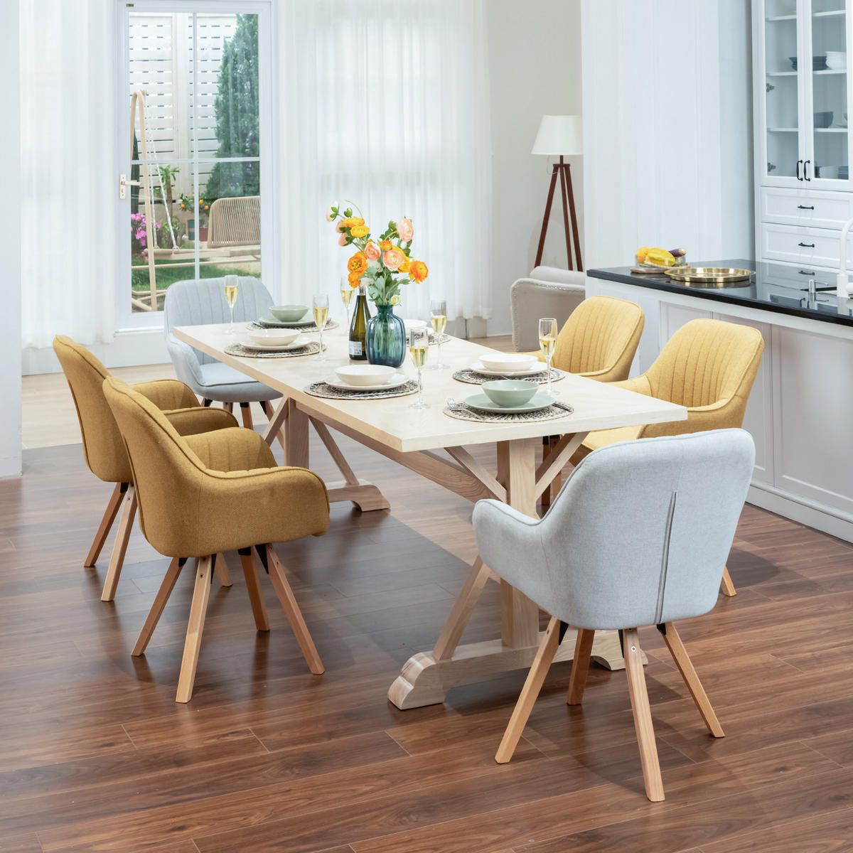 ARMLEHNSTUHL-SET 6 Stück drehbar in Webstoff - Gelb/Hellgrau, Holz/Textil (57/83/56cm) - Meubles Cosy