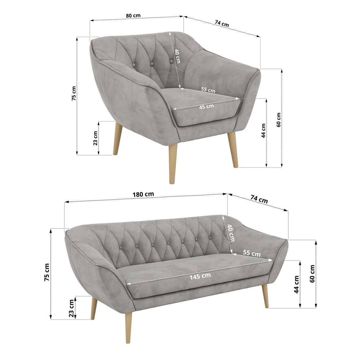 SEDACÍ SOUPRAVA 3+1+1 PIRS - Světle šedá Samet - Dřevěné nohy - světle šedá/barva buku, kompozitní dřevo/textil (180/75/74cm) - MKS