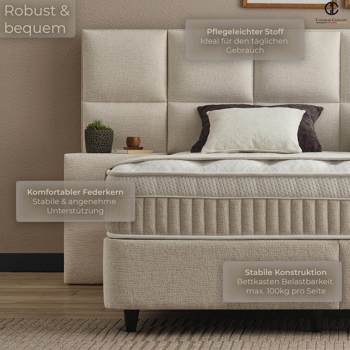 BOXSPRINGBETT MIT BETTKASTEN CANNES 160/200 cm, Ivory, Bettkasten, Matratze, Topper integriert, H3 mittel 7-Zonen Matratze - Creme/Schwarz, Holz/Kunststoff (160/200cm) - Consilio Concept