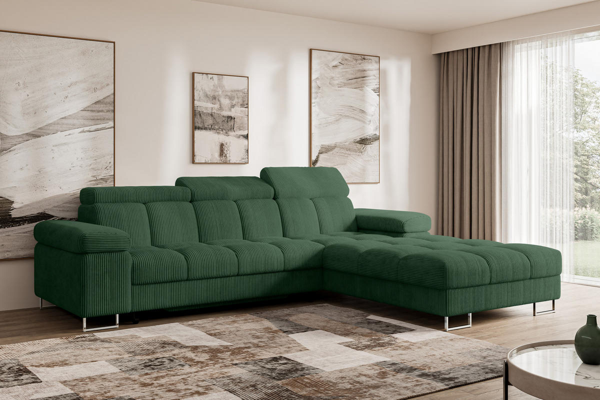 ECKSOFA mit Schlaffunktion Ottomane Rechts COMA L 271x203x79 Grün Cord - Waldgrün, Holzwerkstoff/Textil (203/271cm) - ALTDECOR