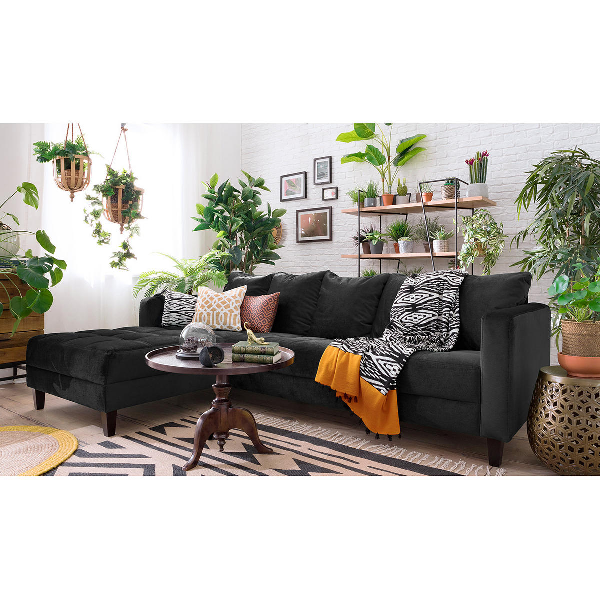 ECKSOFA mit Ottomane - Samt - Anthrazit, Textil (254/165cm) - home24