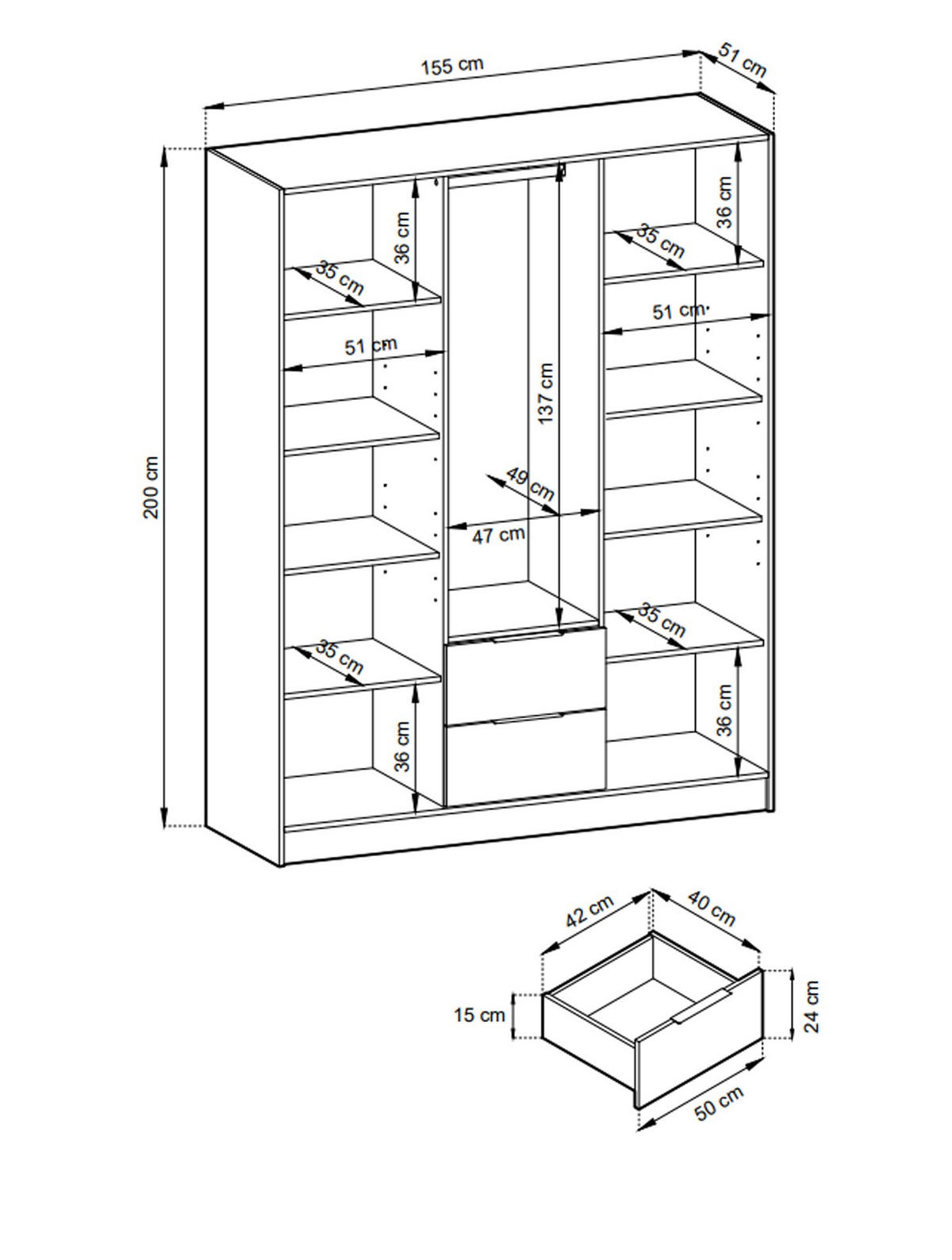 KLEIDERSCHRANK Nelly Artisan Eiche, Schrank Dreitürige, Garderobe mit Spiegel und Schubladen - Eiche Artisan, Holzwerkstoff (155/200/51cm) - Bettso