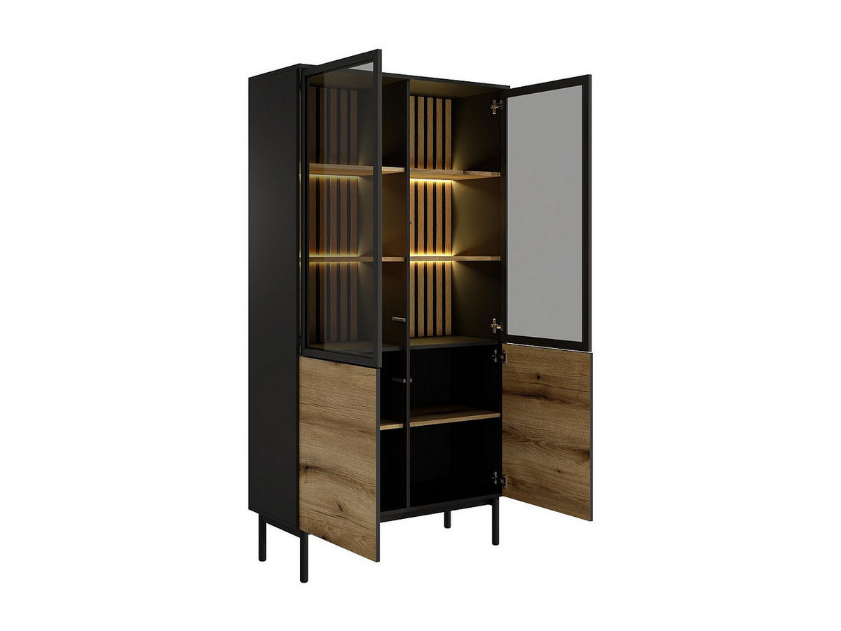VITRINENSCHRANK mit 4 Türen - Mit LED-Beleuchtung - Holzfarben & Schwarz - LABENIA - Schwarz, Holz (100.1/188.4/39.4cm) - Vente-Unique