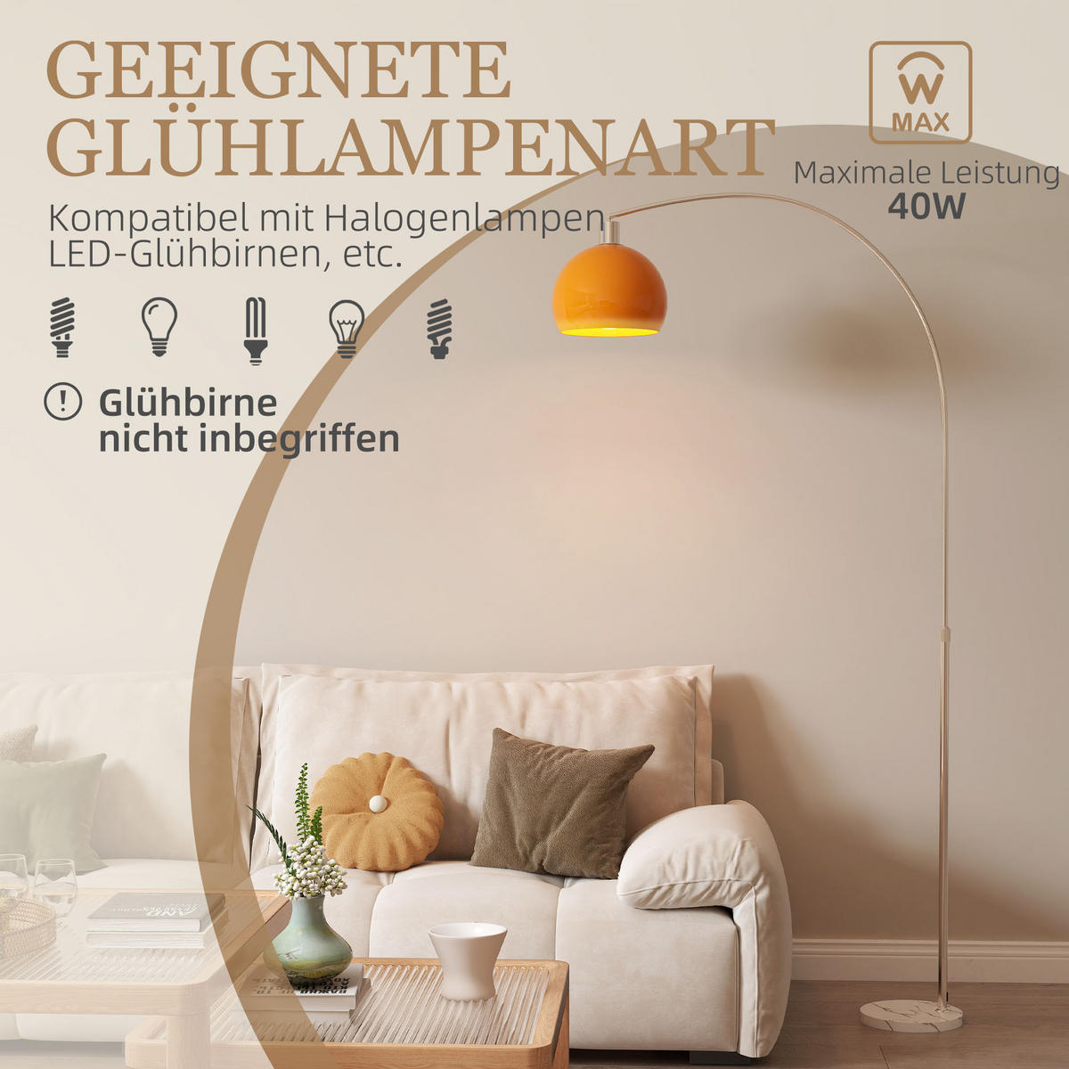 STEHLAMPE im Bogen Design mit Marmorsockel, dimmbar Leuchte - Orange, Metall (90/26/180cm) - HOMCOM