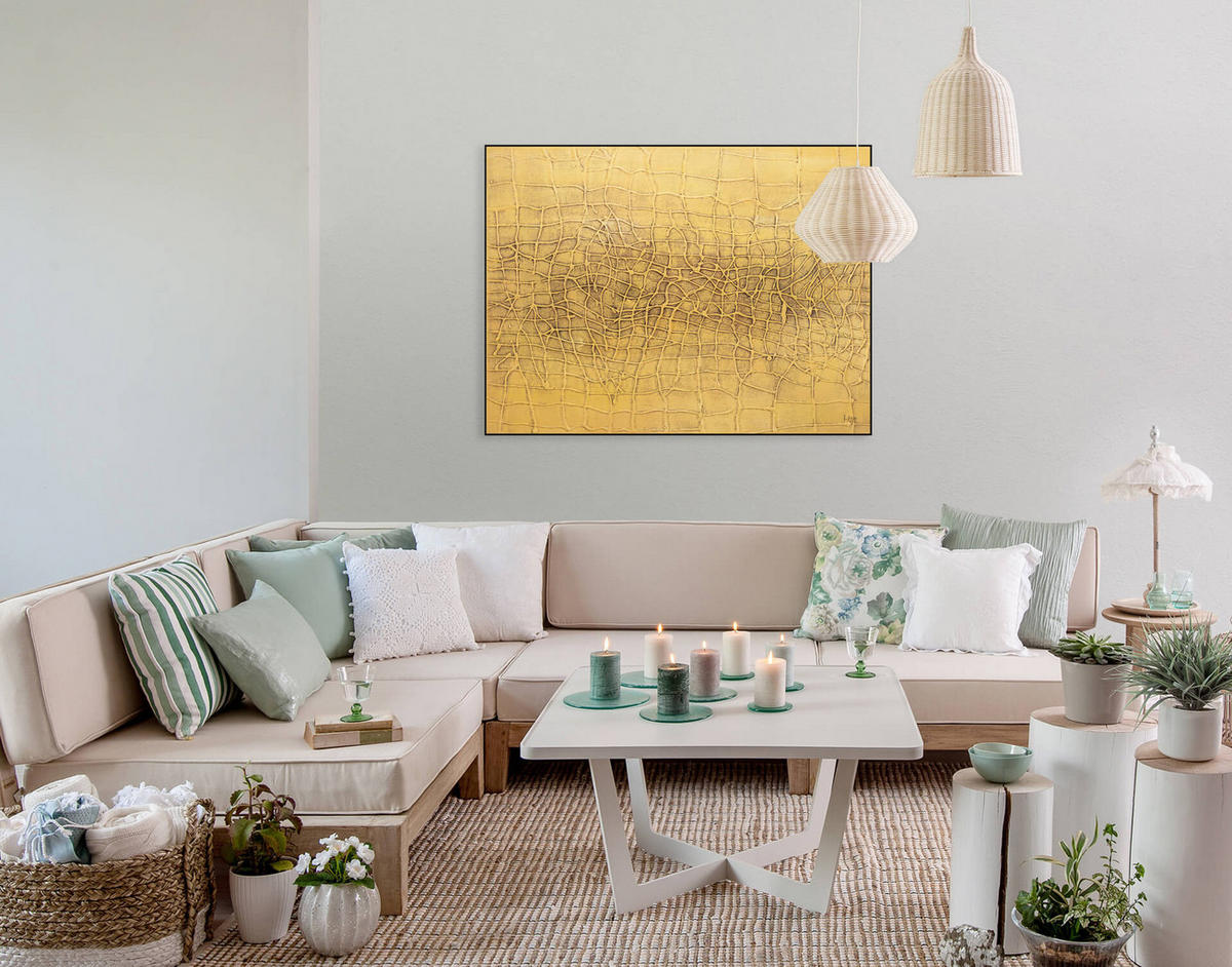 RUČNE MAĽOVANÝ AKRYLOVÝ OBRAZ 100/75 cm, žltý, abstraktný geometrický motív - žltá, drevo/textil (100/75cm) - KUNSTLOFT