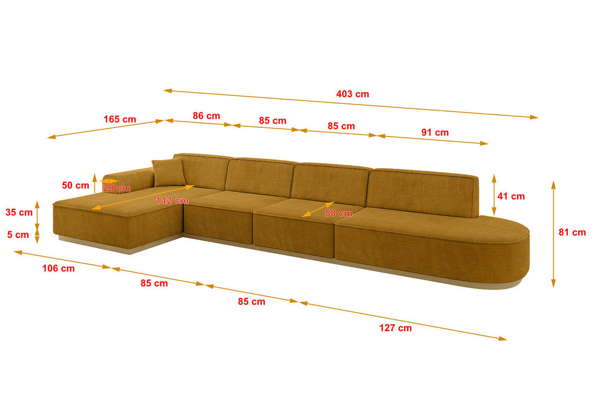 ECKSOFA Ottomane Links IREA-L3-v2 - 403x165x81 cm Senfgelb - Currygelb, Holzwerkstoff/Textil (403/165cm) - ALTDECOR