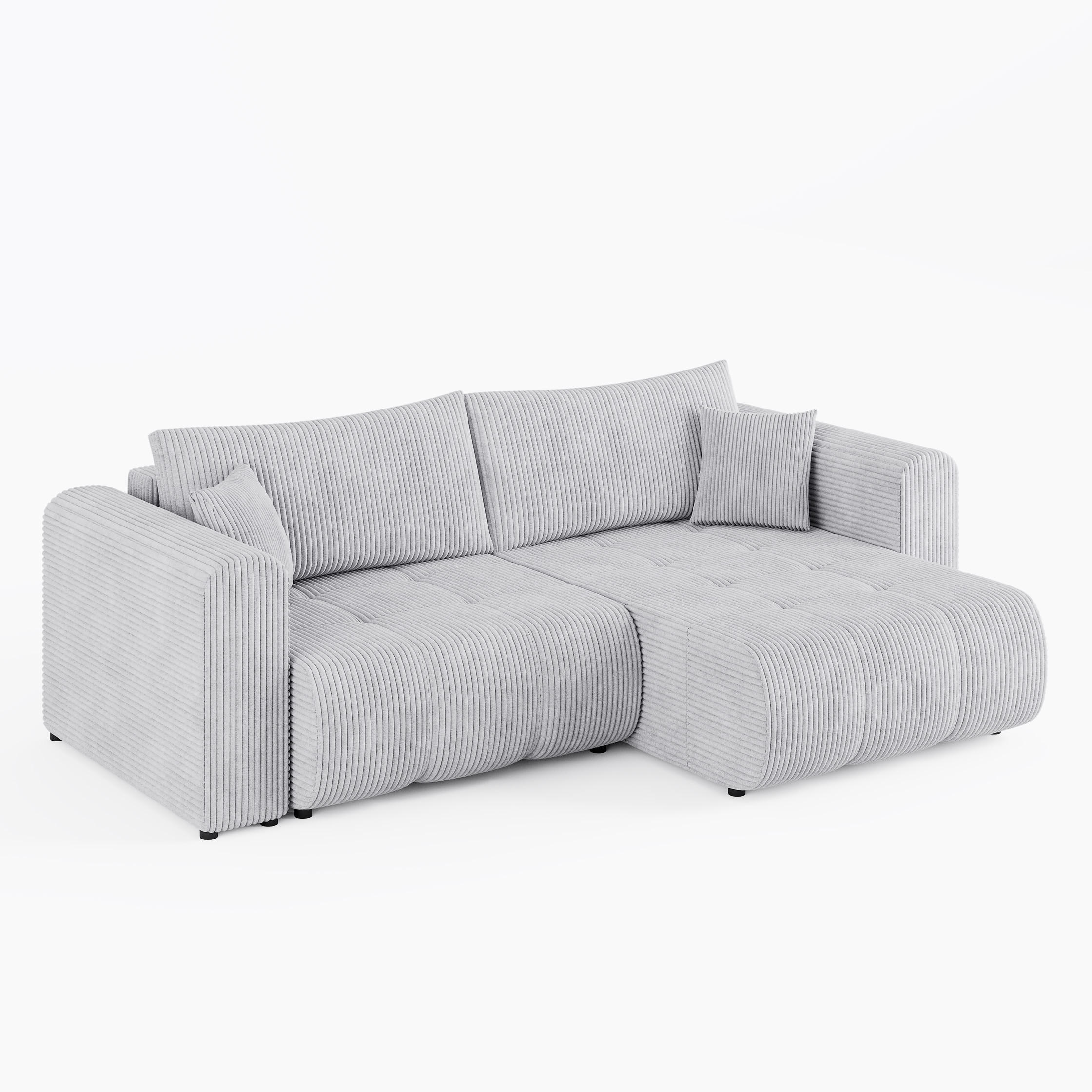 ECKSOFA RIVA Rechts Hellgrau Cord-Stoff L-Form Couch mit Schlaffunktion & Bettkasten - Hellgrau/Schwarz, Holz (160/255cm) - Barchello