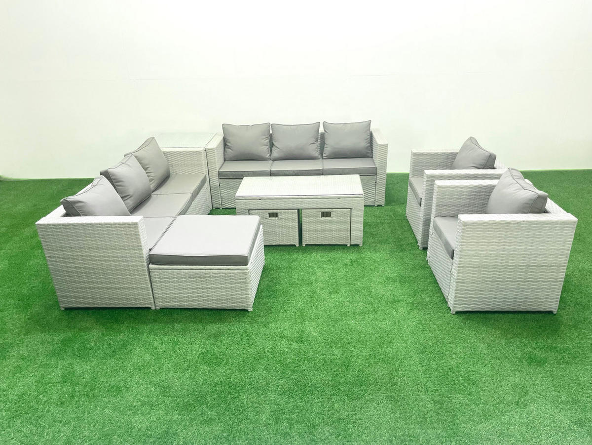 GARTENSOFA hohe Rückenlehne Polyrattan Hellgrau-Mix 11-Sitzer - Hellgrau/Grau, Glas/Kunststoff - Fimous