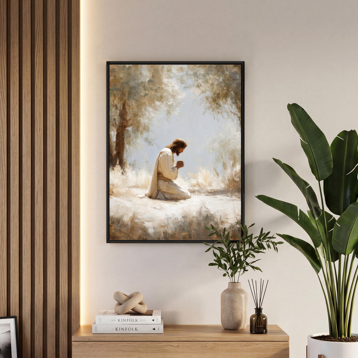 LEINWAND Bilder mit Rahmen - Jesus - Kniend - Waldlandschaft - Betend - 50x70 - Beige, Textil (50/70cm) - MuchoWow