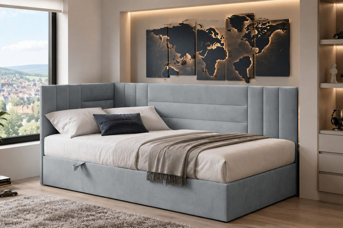 BOXBETT KAYA 100/200 in Velours Hellgrau H4 links - Hellgrau, Holz/Holzwerkstoff (100/200cm) - Deine Möbel 24