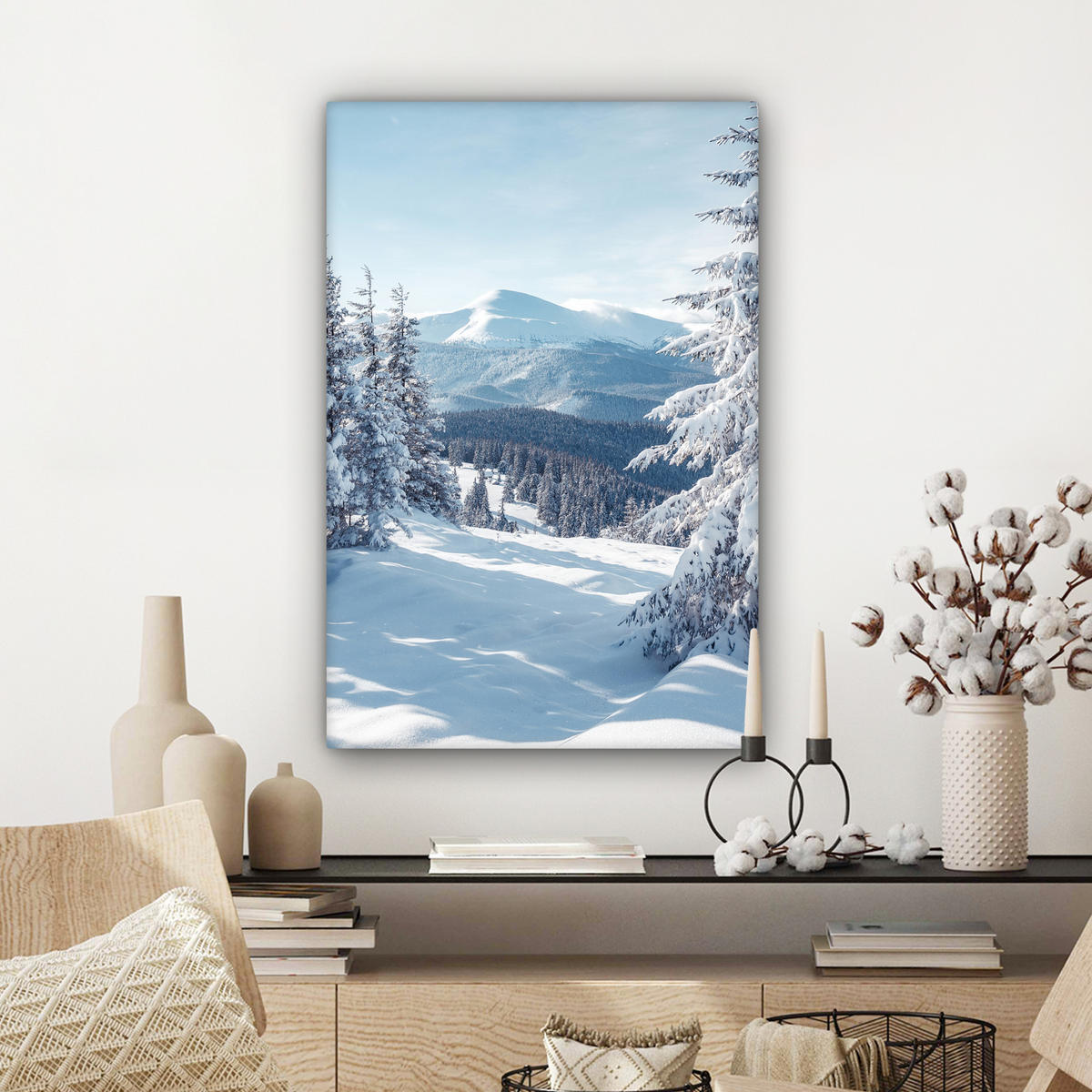 LEINWANDBILD Winterlandschaft - Natur - Berge - Bäume - Schnee Wanddeko 40x60 cm - Hellblau, Textil (40/60cm) - MuchoWow