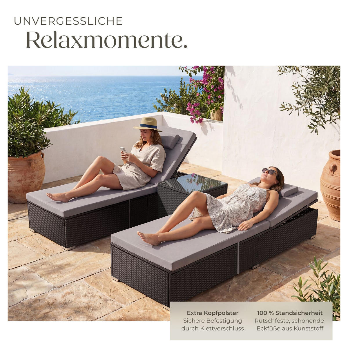RATTAN-DOPPELLIEGE Carbonera, Belastbarkeit je 200 kg, schwarz - Schwarz, Kunststoff (62/36/196cm) - tectake