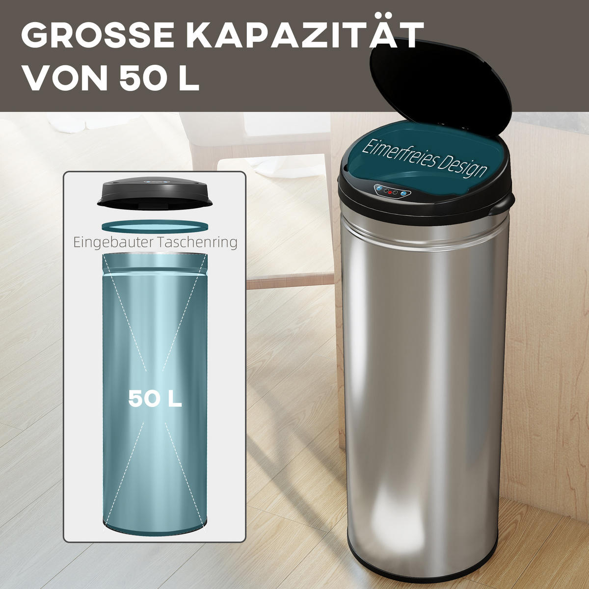 MÜLLEIMER mit Sensor 50L Edelstahl Automatischer Mülleimer mit Soft-Close-Deckel - Silberfarben, Metall (30.5/85/30.5cm) - HOMCOM