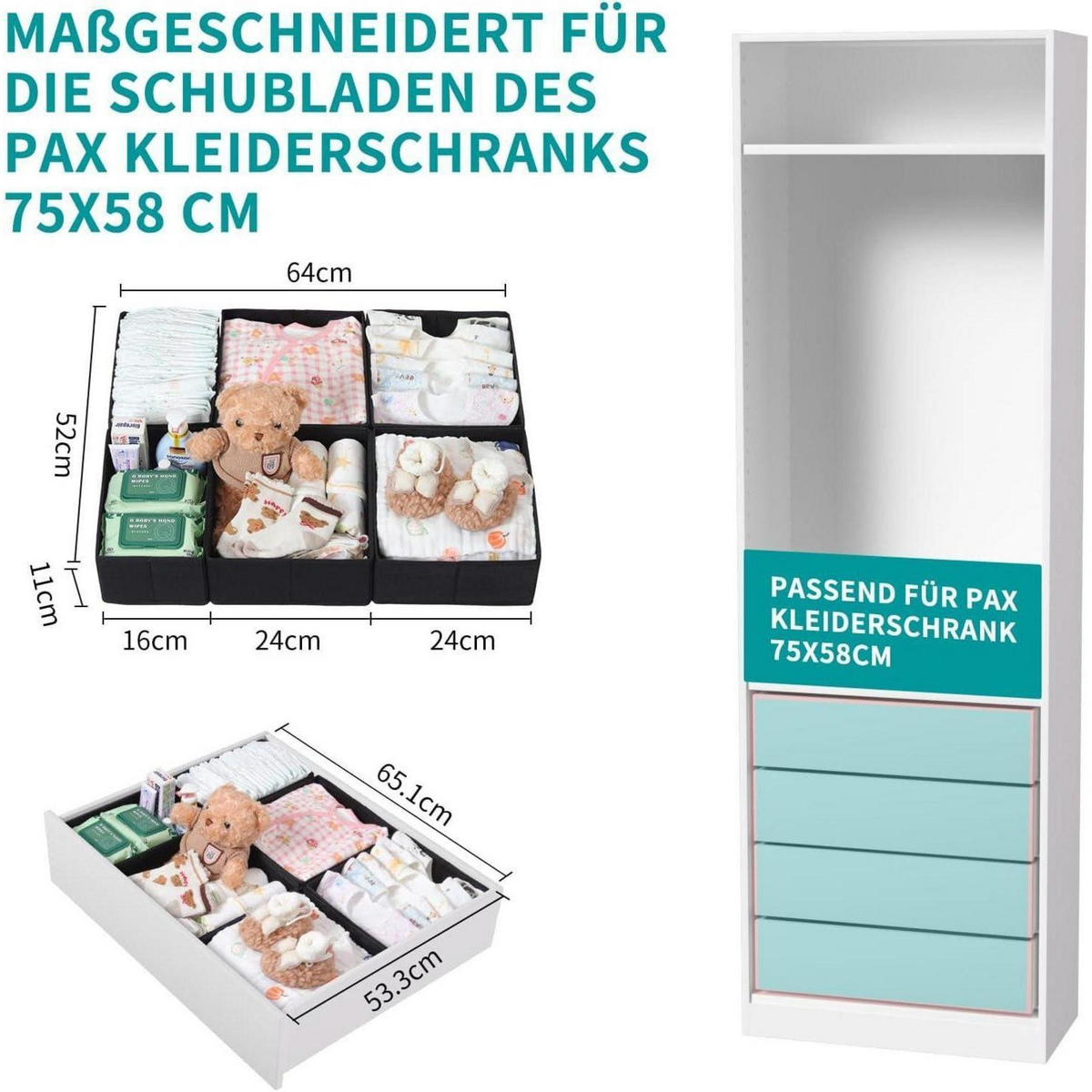 SCHUBLADEN Organizer 6er Set Schwarz für PAX Schrank 75x58 cm - Schwarz, Textil (28/12/28cm)