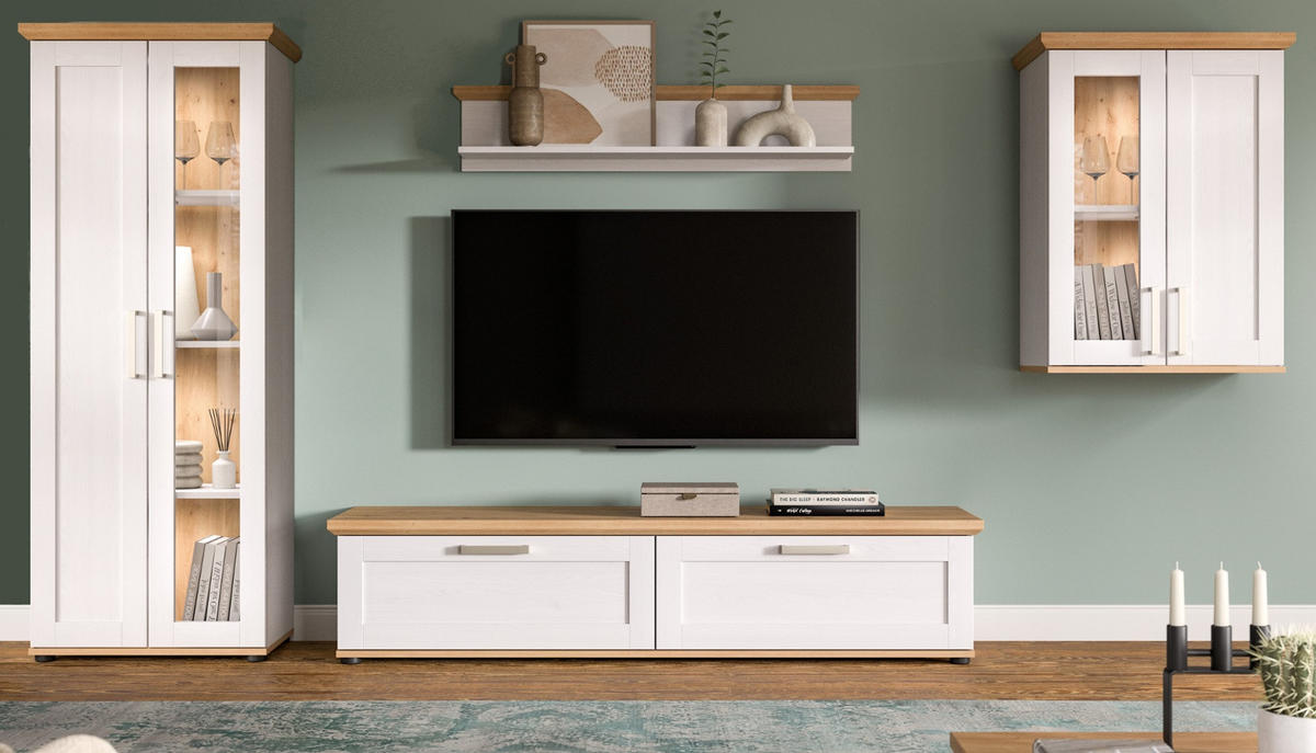 WOHNWAND 4-teilig weiß Lärche, Eiche Artisan 316 cm Landhaus, Schrankwand mit viel Stauraum - Silberfarben/Schwarz, Holzwerkstoff/Kunststoff (316/161/40cm) - Inn.Furn