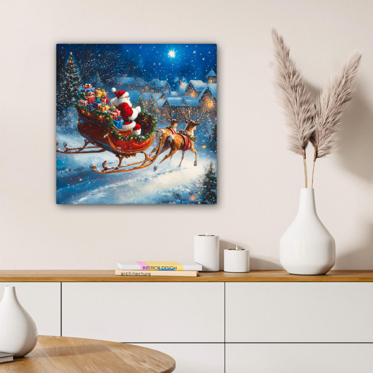 LEINWANDBILD Weihnachtsmann - Rentier - Weihnachten - Schnee 50x50 cm - Cognac, Textil (50/50cm) - MuchoWow