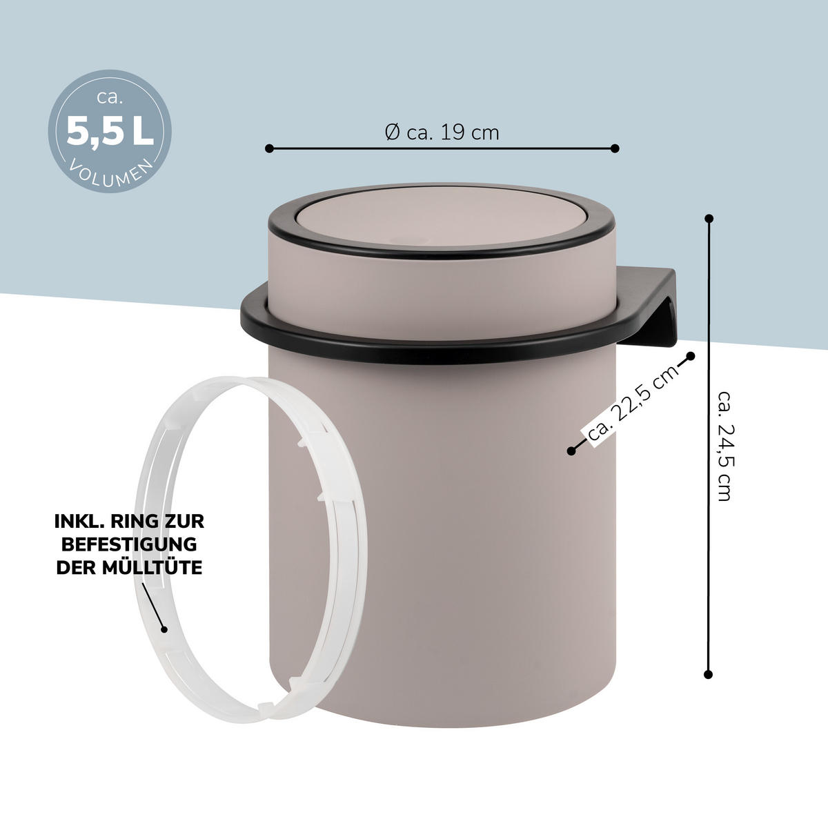 KOSMETIKEIMER SAVONA,5 Liter, grau - Taupe, Kunststoff (22/24.5/22.5cm) - bremermann