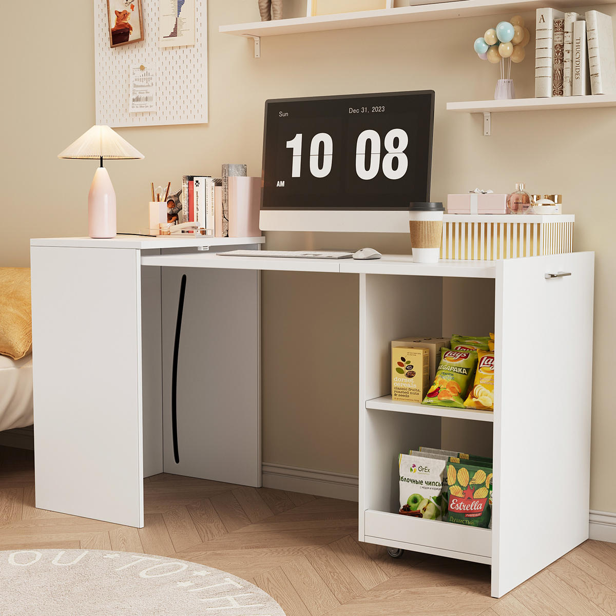 ECKSCHREIBTISCH Klapptisch mit Schrankfunktion Platzsparend mit Rollen für Arbeitszimmer Weiß 126 x 55 x 72,5 cm - Weiß, Holzwerkstoff (126/55/75cm) - EVRYAE