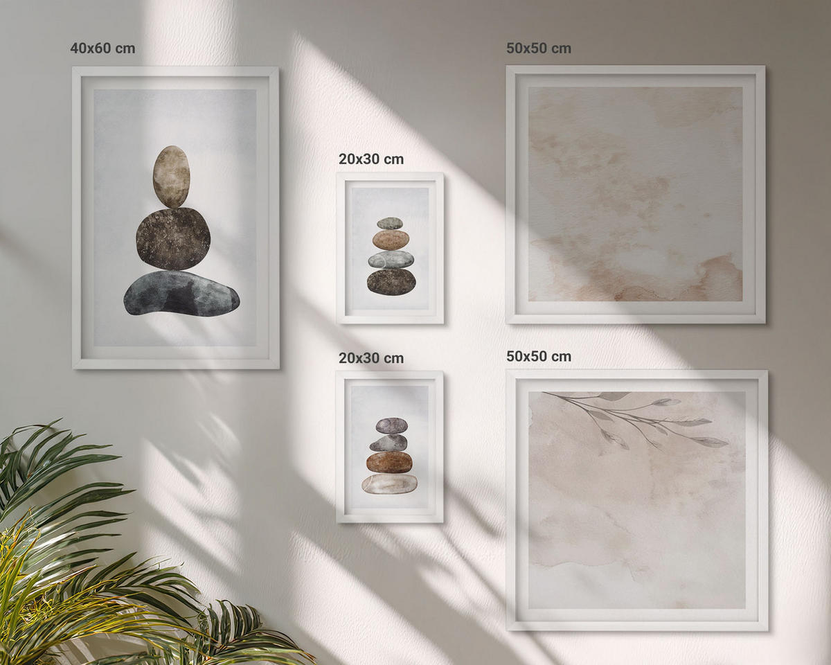 BILDER SET 5er Set - 50x50 cm & 20x30 cm & 40x60 cm Weißer Rahmen - Steinstapel-Boho-Malerei - Weiß, Kunststoff (40/60cm) - TULUP