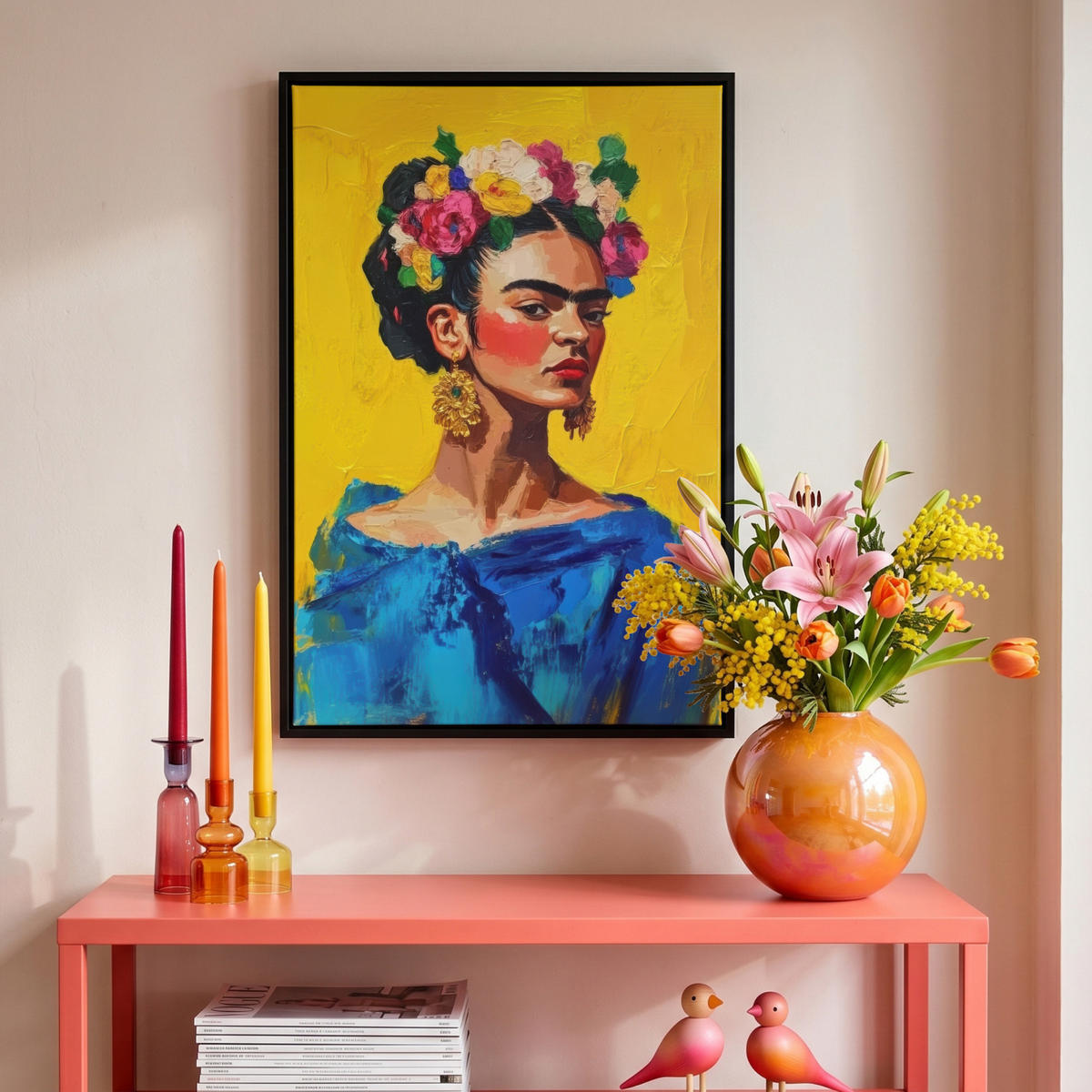 LEINWAND Bilder mit Rahmen - Frida Kahlo - Frau - Gelb - Blau - Blumen - 40x60 - Gelb, Textil (40/60cm) - MuchoWow