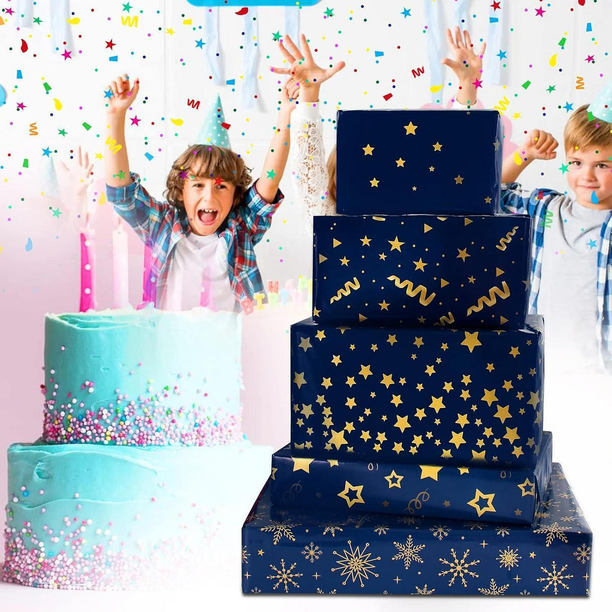 GESCHENKPAPIER Set Dunkelblau Gold 5 Bögen - Dunkelblau, Papier (15/0.6/20cm)