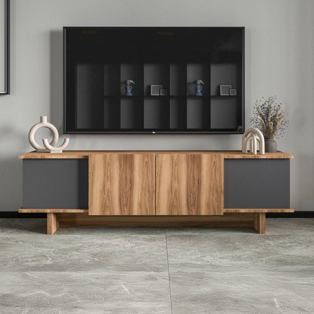 TV-MÖBEL Broni anthrazit 180 cm im zeitgenössischen Stil mit Schrank - Grau, Holzwerkstoff (180/50/33cm) - Concept Usine