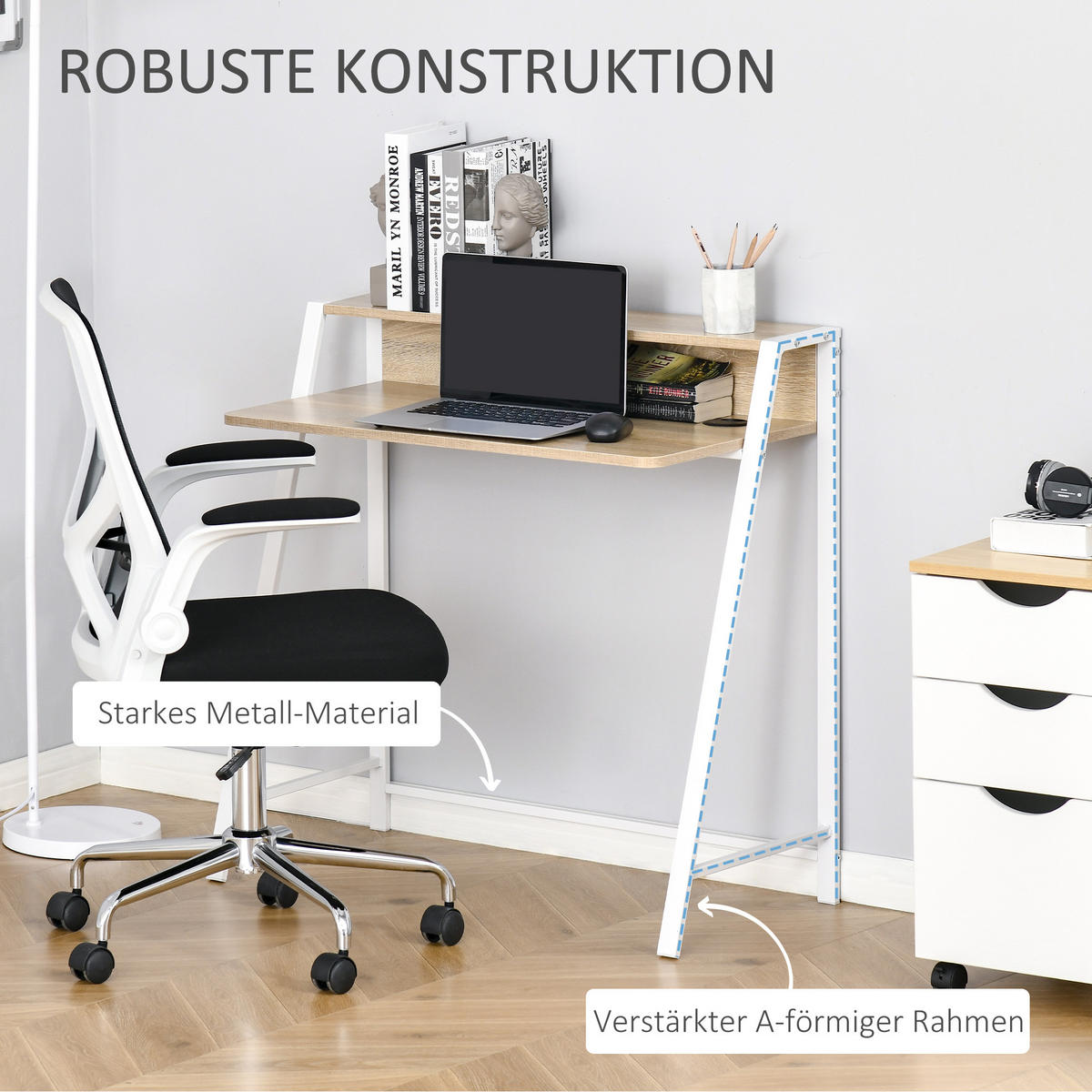 SCHREIBTISCH, MDF, Eisen, Weiß+Eiche - Weiß, Kunststoff (84/45/85cm) - HOMCOM