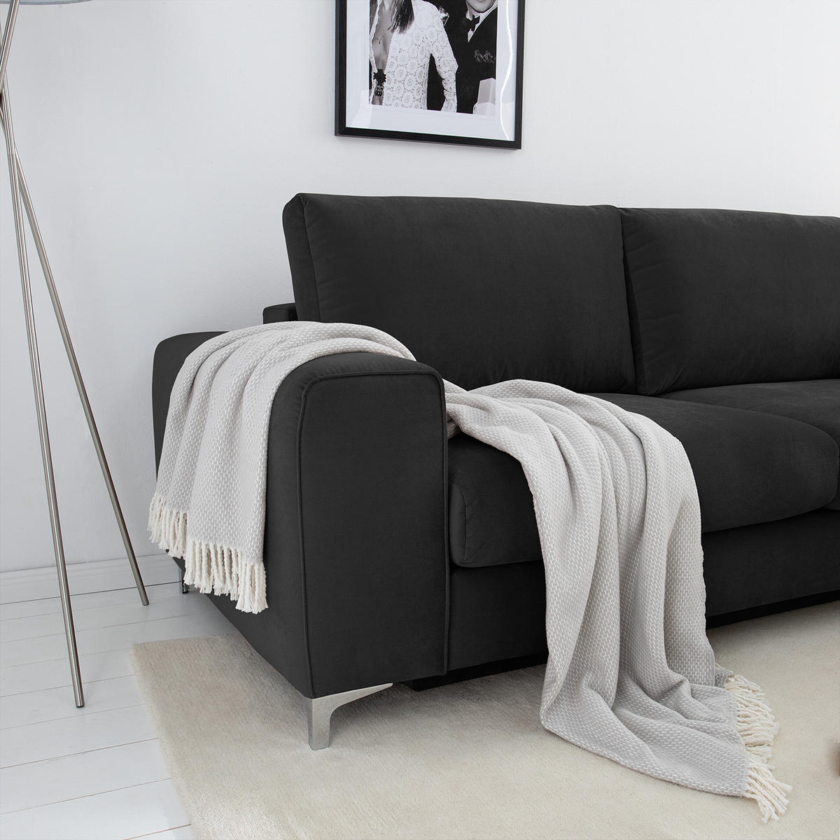 ECKSOFA mit Ottomane - Chromfarben/Dunkelgrau, Textil/Metall (302/1cm) - home24
