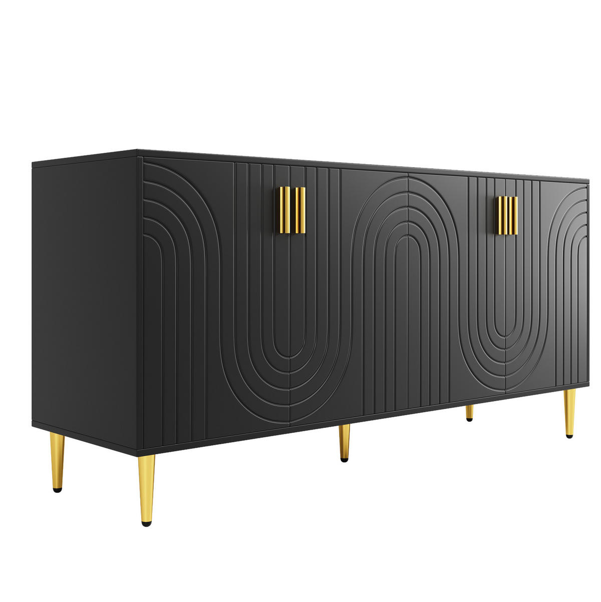 SIDEBOARD 152/40/75 cm in Schwarz mit Wellenfront und goldfarbenen Details - Schwarz, Holzwerkstoff (152/75/40cm) - Flora Grace