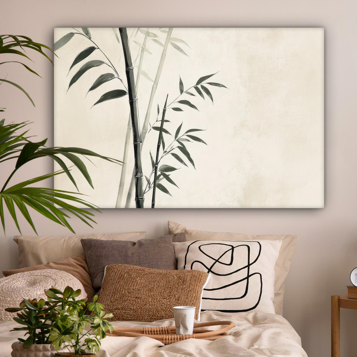 LEINWANDBILD Japandi - Bambus - Beige XXL 150x100 cm - Eukalyptusholzfarben, Textil (150/100cm) - MuchoWow