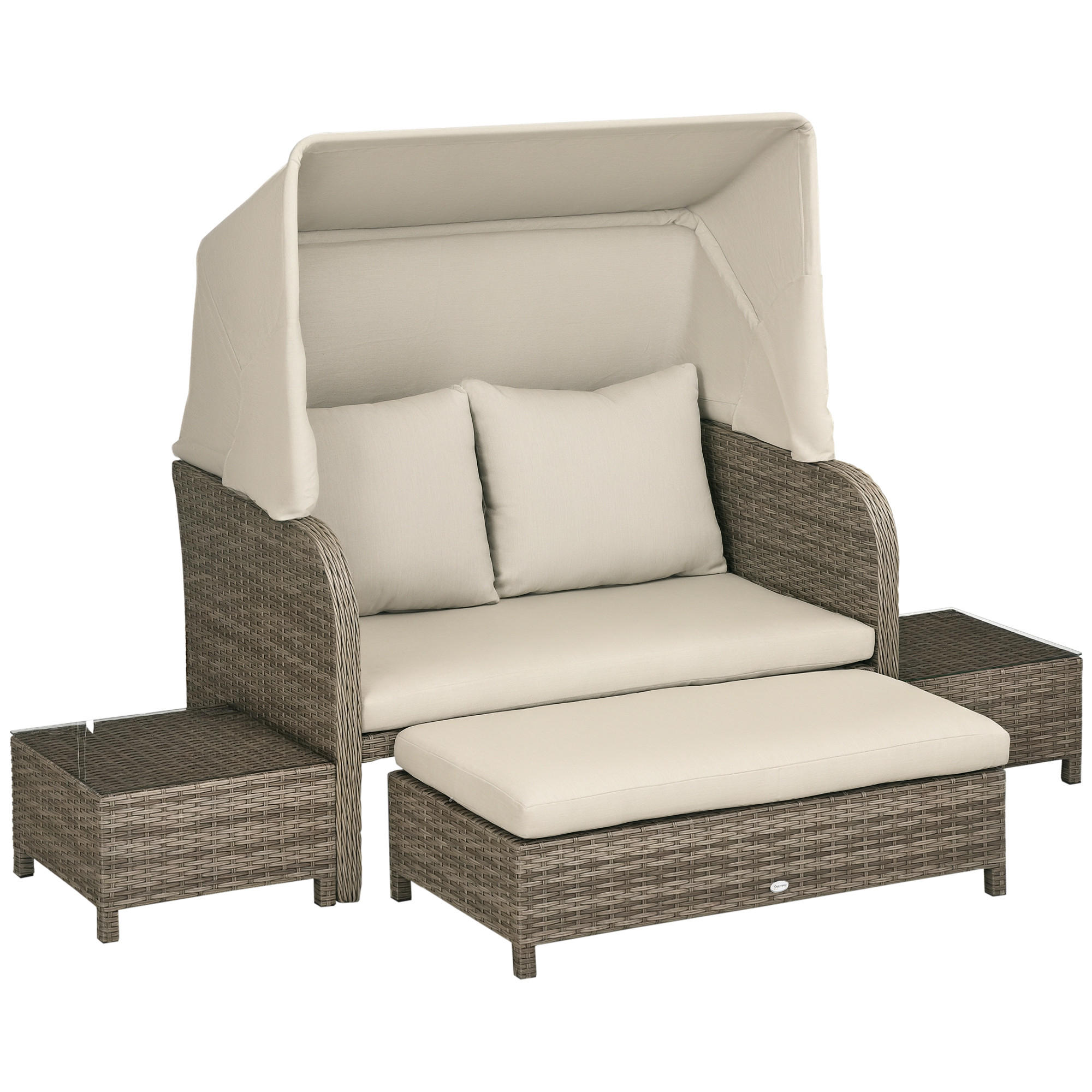 GARTENLOUNGE-SET 4tlg. DE-13640 2-Sitzer-Sofa mit Hocker & 2 Tischen Beige & Braun - Mokka, Kunststoff/Metall - ComfortXL