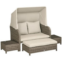 GARTENLOUNGE-SET 4tlg. DE-13640 2-Sitzer-Sofa mit Hocker & 2 Tischen Beige & Braun - Mokka, Kunststoff/Metall - ComfortXL