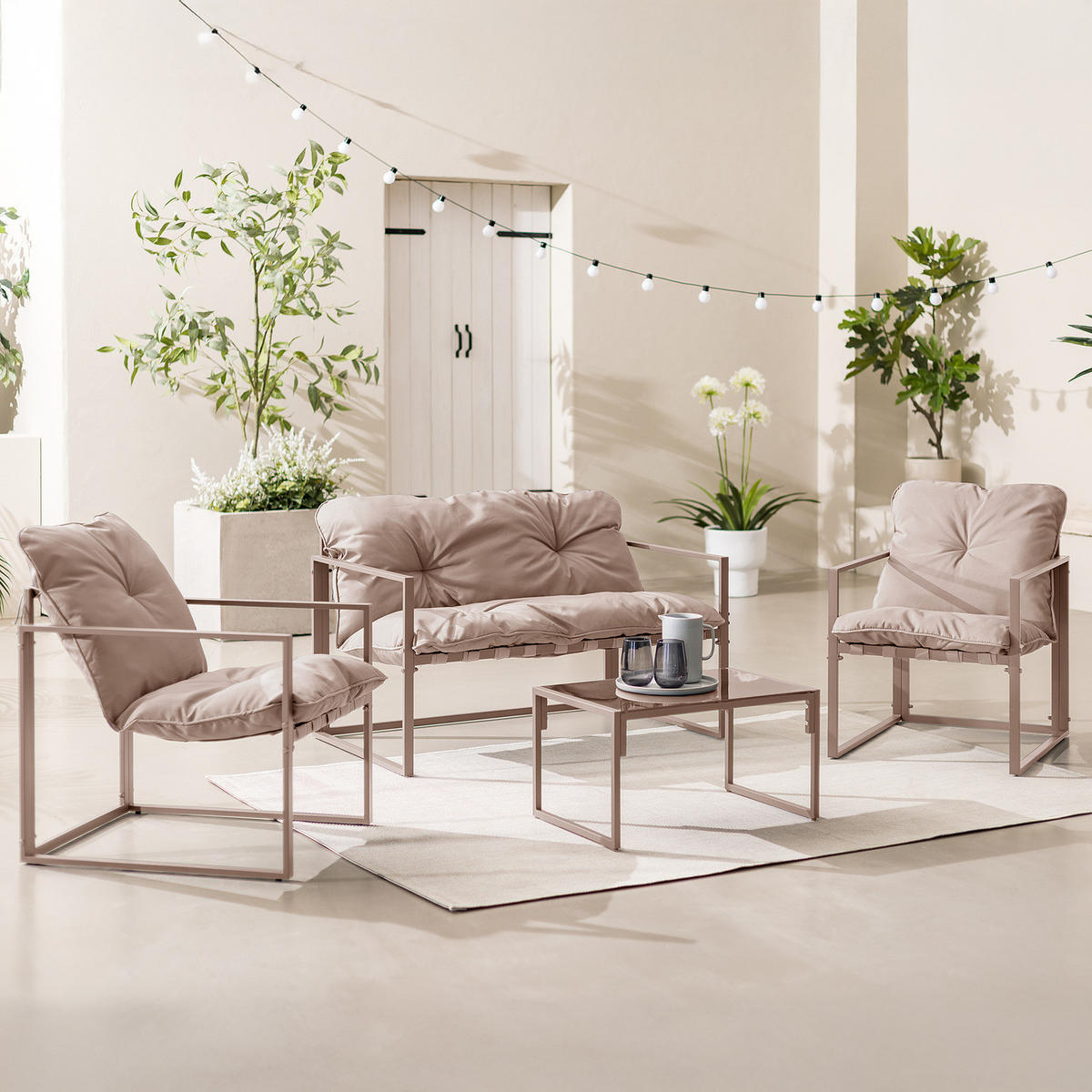 GARTENSITZGRUPPE - Eisen / Polyester - Schwarz / Grau - 4-teilig - Beige, Glas/Textil - home24