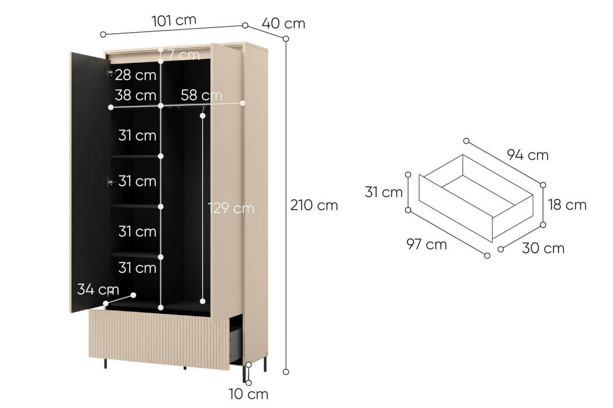 GARDEROBE TREND 2 - Beige/Schwarz, Holzwerkstoff (254/210/40cm) - Meblini