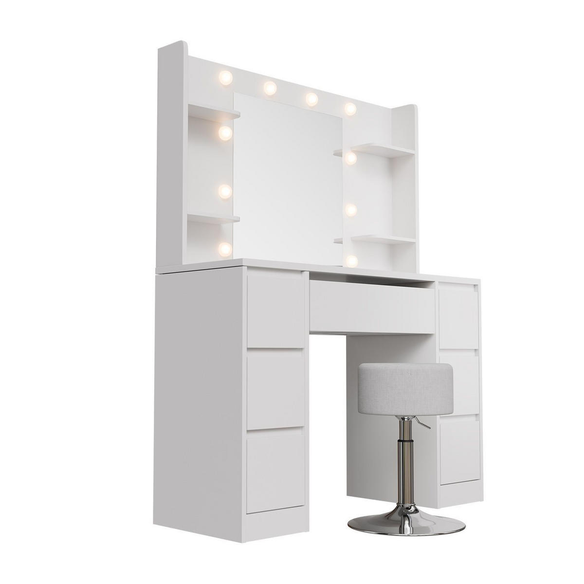 SCHMINKTISCH Malia mit LED und Hocker Tonia - Weiß, Holz (107/140/40cm) - Juskys