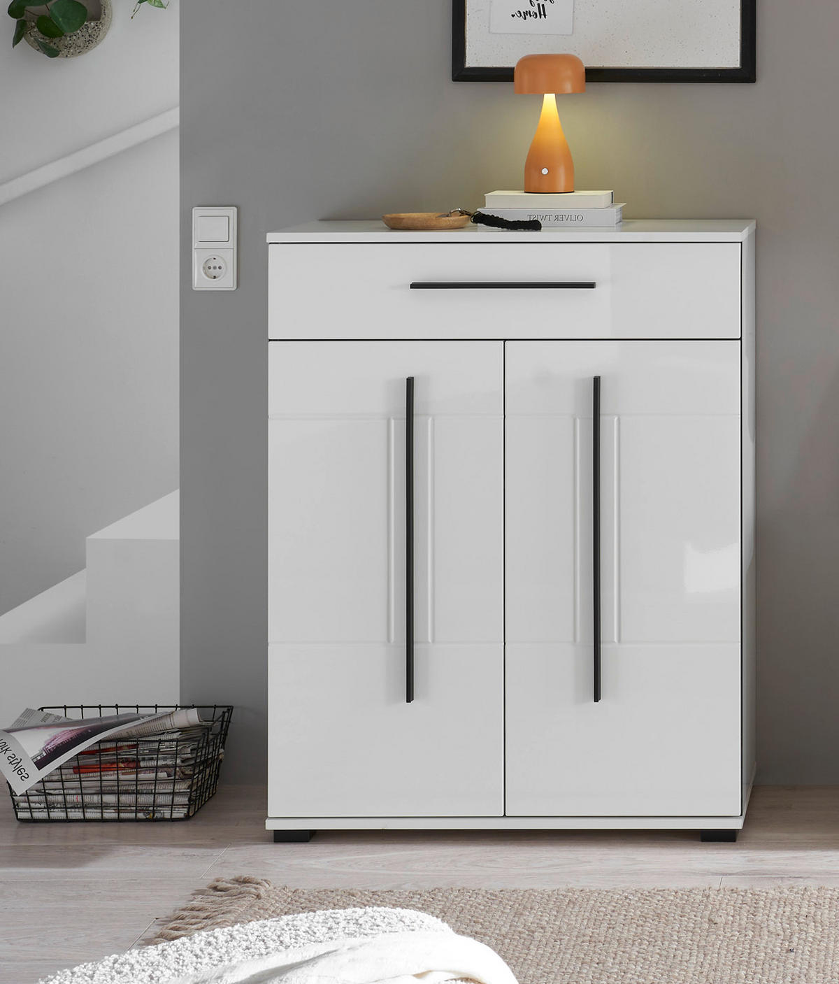 SCHUHSCHRANK weiß Hochglanz 80 x 103 cm, Kommode mit Soft-Close - Weiß Hochglanz/Schwarz, Holzwerkstoff/Kunststoff (80/103/39cm) - Furn.Design