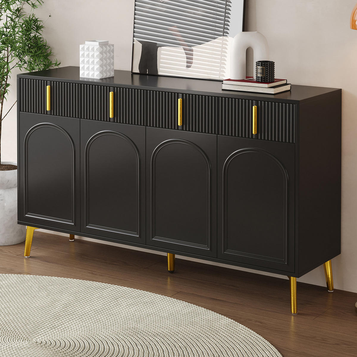 SIDEBOARD mit 4 Türen und 4 Schubladen, (MDF/Melamin), goldfarbenen Griffen und Beinen, 140/38/82 cm, Schwarz - Schwarz, Holzwerkstoff (140/82/38cm) - Redom