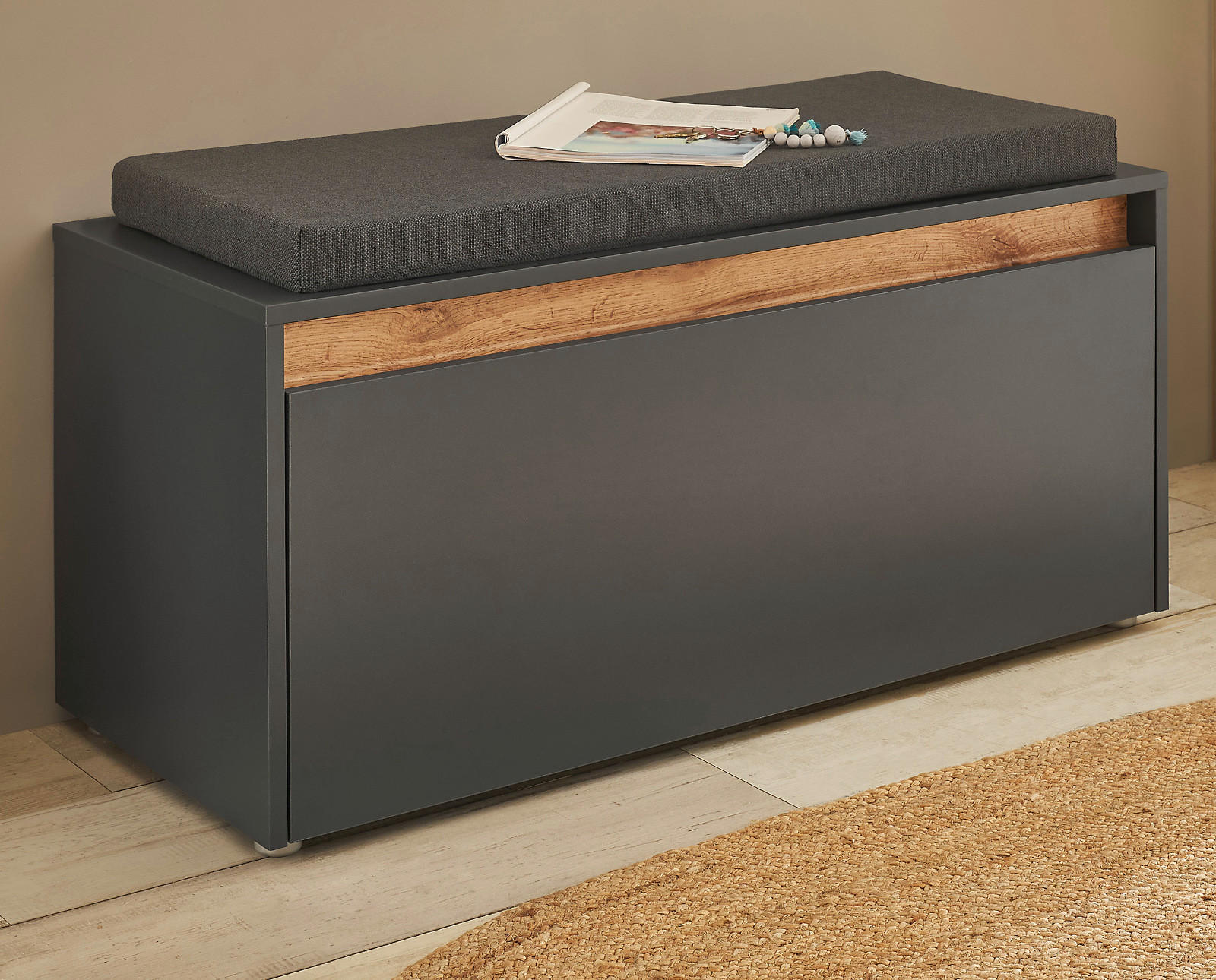GARDEROBENBANK grau matt, Eiche Wotan 100 cm, Sitzbank inklusive Sitzkissen - Silberfarben/Eiche Wotan, Holzwerkstoff/Kunststoff (100/45/40cm) - Furn.Design