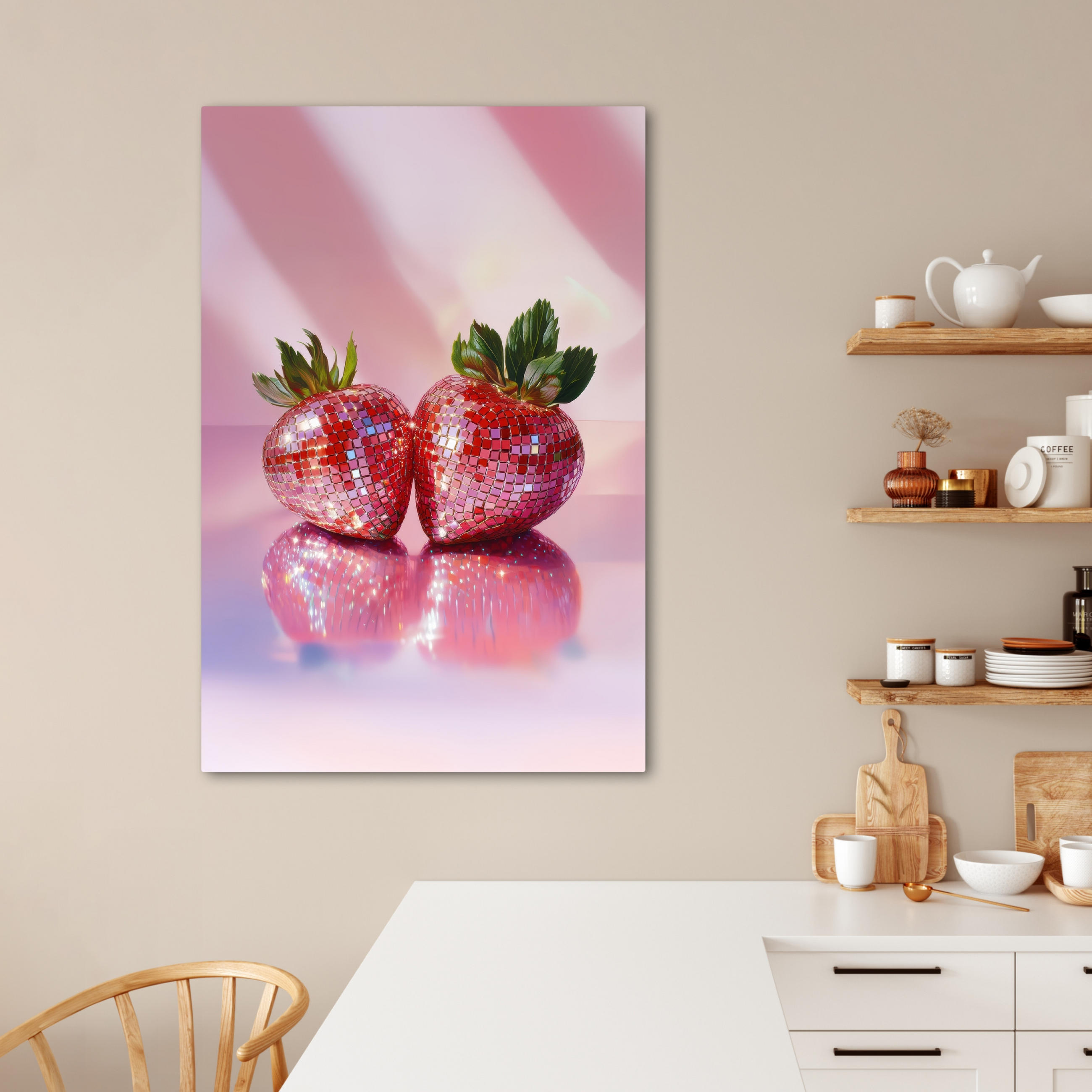 LEINWANDBILD Disco - Obst - Glitzer - Erdbeere 80x120 cm - Pink, Textil (80/120cm) - MuchoWow