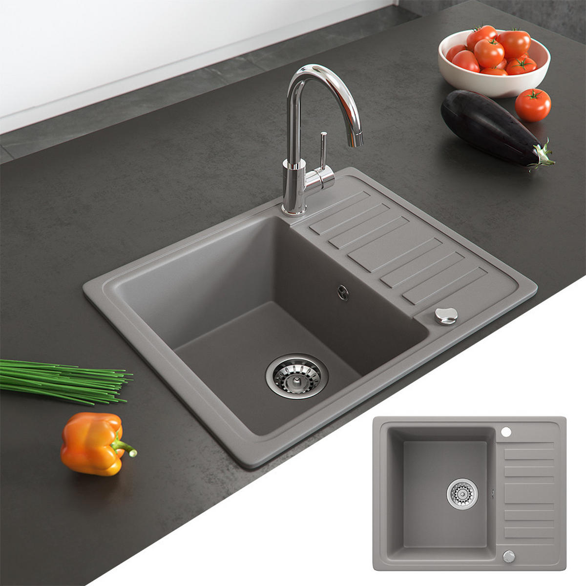 SPÜLBECKEN Beton 57.5 x 46 cm mit Trockenplatz - Schieferfarben, Keramik (57.5/19/46cm) - Bergstroem
