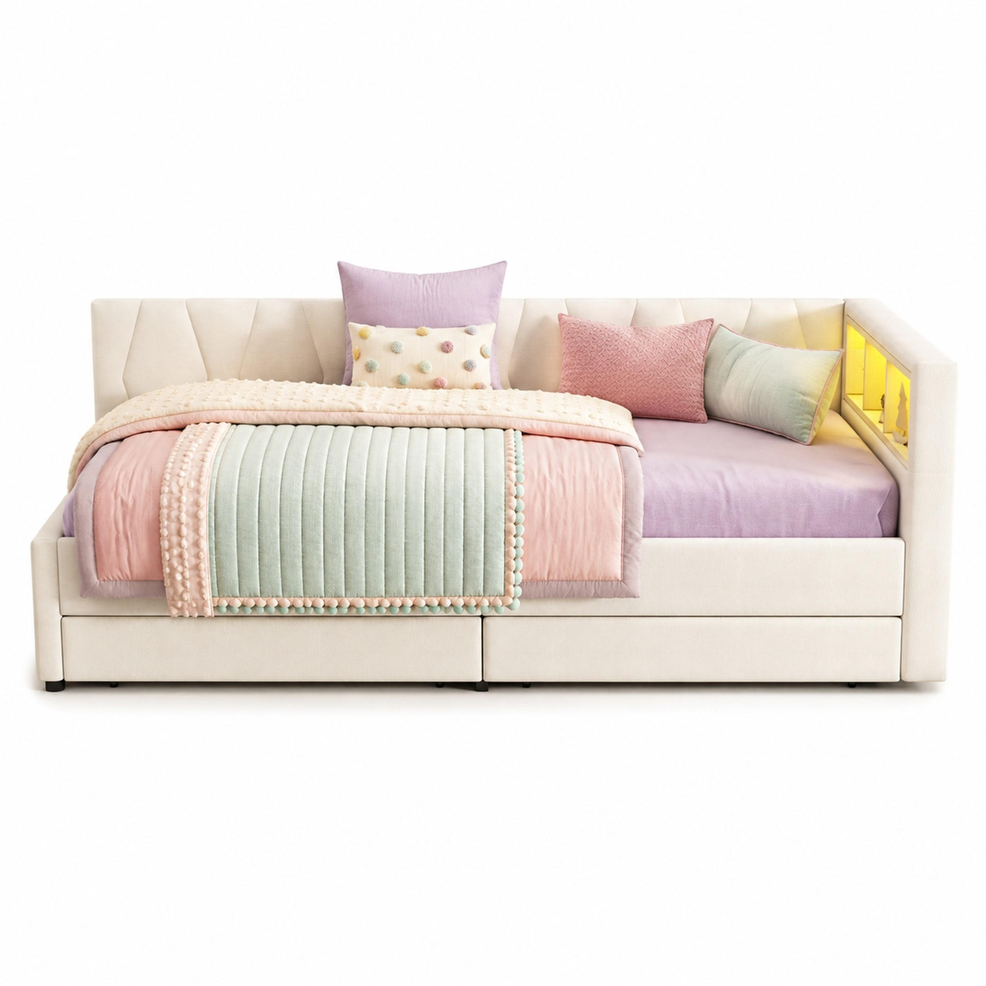 POLSTERBETT 90/200 mit LED, USB- und Type-C-Anschluss, zwei Schubladen und Ablagefächern in Beige - Beige, Holzwerkstoff/Textil (90/200cm) - EVRYAE