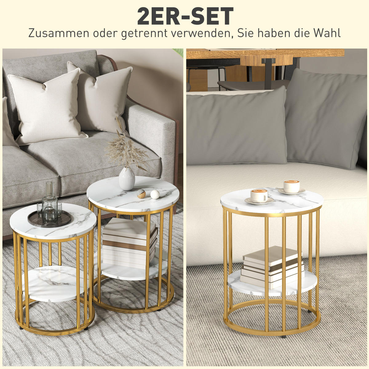 COUCHTISCH 2er Set rund in Weiß mit Ablage und Marmoroptik,45/45/55 cm - Weiß, Holz (45/45/55cm) - Flora Grace