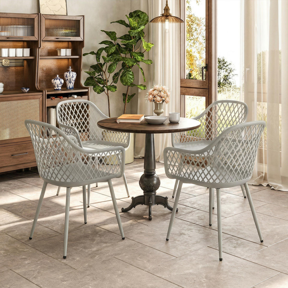 GARTENSTUHL 4er Set UV-beständige Gartenstühle aus Kunststoff mit Armlehne Rückenlehne 56 x 51 x 84 cm Grau - Grau, Metall (56/84/51cm)