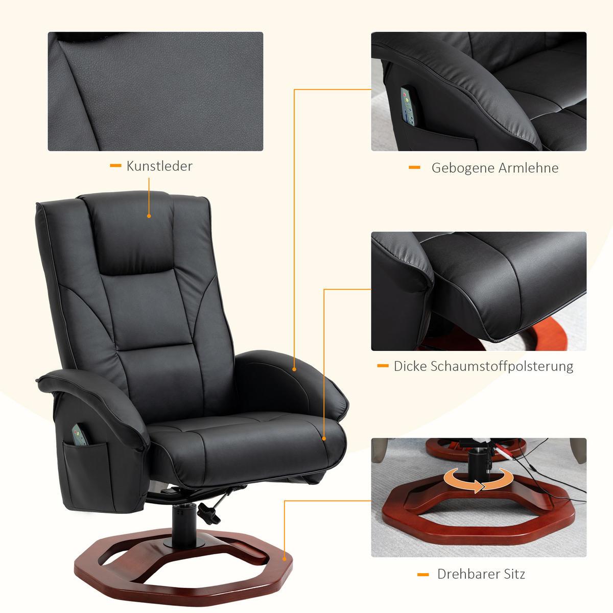 MASSAGESESSEL mit Hocker, Liegefunktion, Fernbedienung, bis 150 kg - Schwarz, Leder (83/106/73cm) - HOMCOM