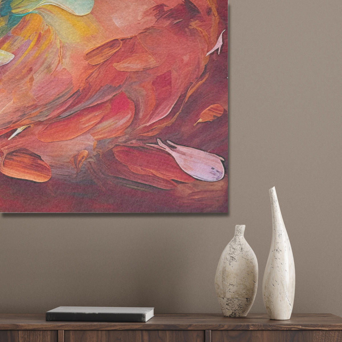 AKUSTIKBILD Ölgemälde - Kunst - Abstrakt - Farbenfroh Wandbild Wohnzimmer 100x70 cm - Altrosa, Textil (100/70/0.9cm) - MuchoWow